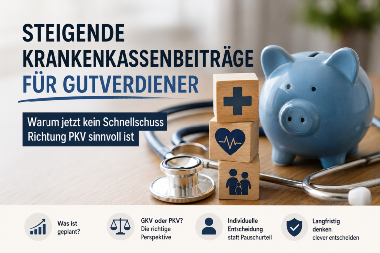 Mehr über den Artikel erfahren Steigende Krankenkassenbeiträge für Gutverdiener: Warum jetzt kein Schnellschuss Richtung PKV sinnvoll ist